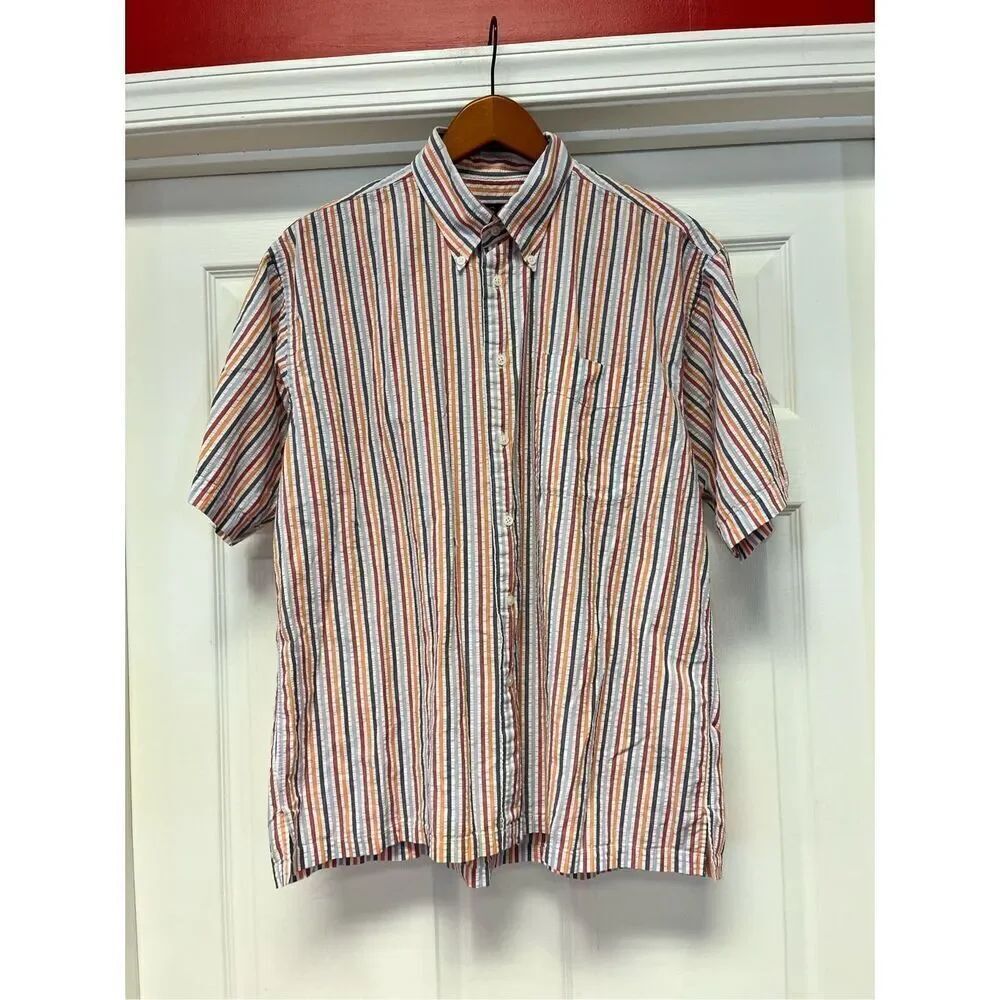 Jos. A. Bank Orange & Blue Stripe Seersucker Short Sleeve Button Down Shirt sz L